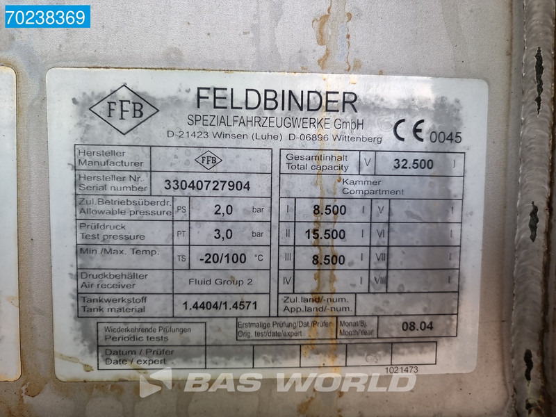 סמיטריילר מכל עבור הובלה של מזון Feldbinder TSA 33.3 TSA 33.3 Heizung 32.500Ltr Pumpe: תמונה 19