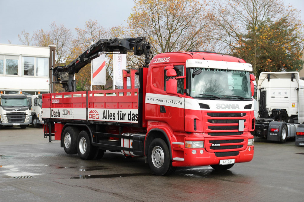 משאית צד נופל/ שטוחה, משאית מנוף Scania R 400 6x2 Hiab 166K Baustoffkran Lift-Lenkachse: תמונה 9