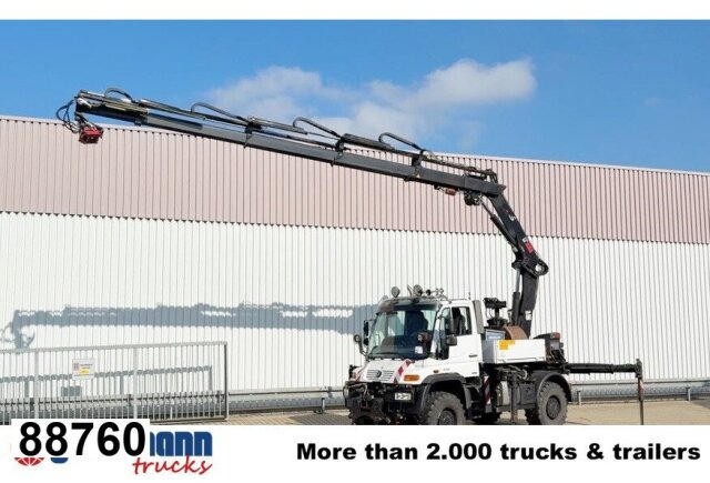 Unimog U400 4x4, Frontzapfwelle, Heckkran Hiab XS - משאית צד נופל/ שטוחה, משאית מנוף: תמונה 1 Unimog U400 4x4, Frontzapfwelle, Heckkran Hiab XS - משאית צד נופל/ שטוחה, משאית מנוף: תמונה 1
