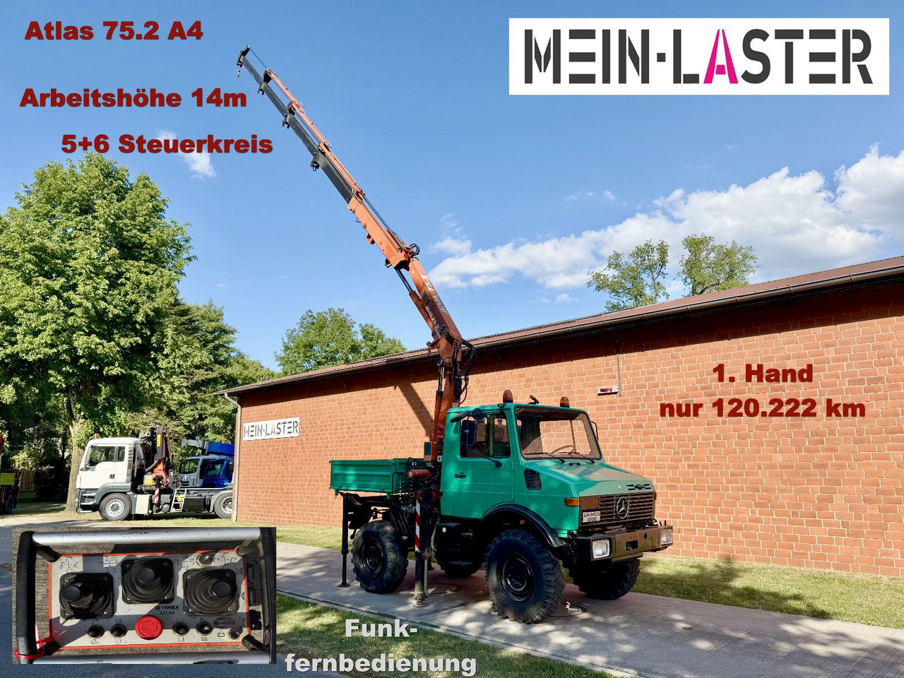 Unimog U 1200 Atlas 75.2 Kran 14 m Funk FB *1. Hand - משאית מנוף: תמונה 1 Unimog U 1200 Atlas 75.2 Kran 14 m Funk FB *1. Hand - משאית מנוף: תמונה 1