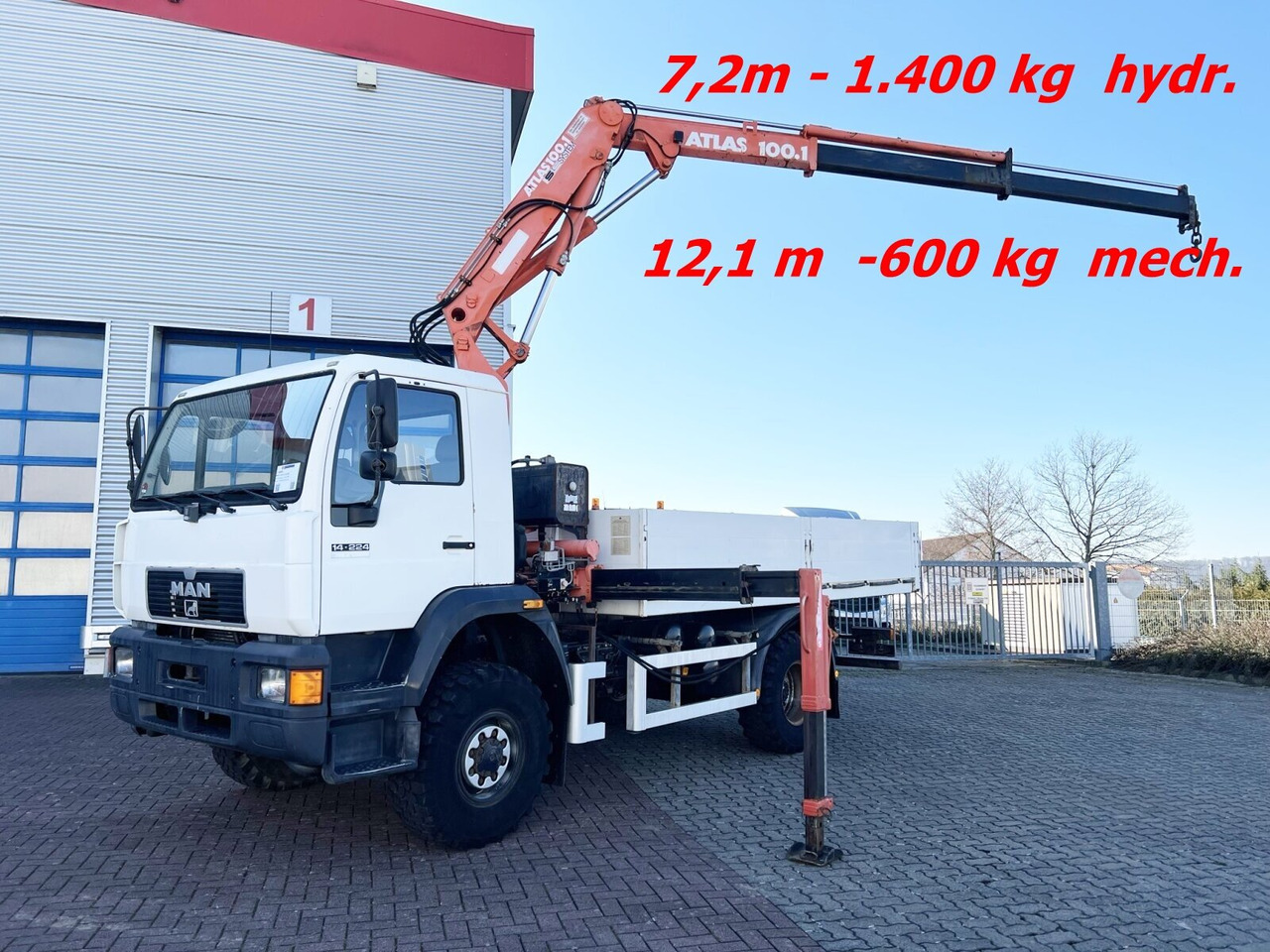 MAN 14.224 LAC 4x4 BB 14.224 LAC 4x4 BB mit Kran Atlas 100.1 - משאית מנוף, משאית צד נופל/ שטוחה: תמונה 1 MAN 14.224 LAC 4x4 BB 14.224 LAC 4x4 BB mit Kran Atlas 100.1 - משאית מנוף, משאית צד נופל/ שטוחה: תמונה 1
