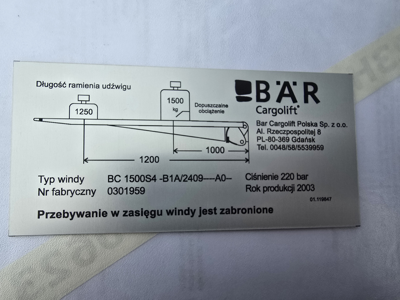 BAR Cargolift BC 1500S4 -B1A/2409--A0- - מעלית אחורית: תמונה 2 BAR Cargolift BC 1500S4 -B1A/2409--A0- - מעלית אחורית: תמונה 2