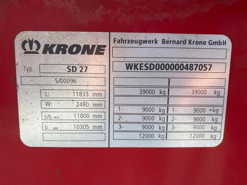 סמיטריילר מוביל מכולות/ החלפת גוף Krone SD 27 / container chassis / BPW + Disc / 1x Lift Axle: תמונה 9