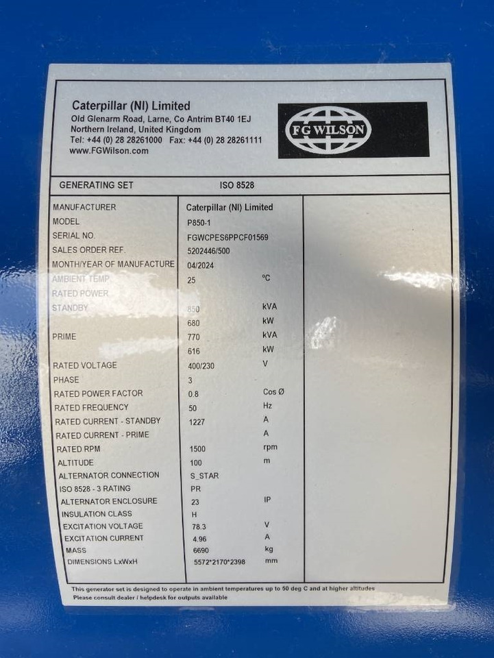 FG Wilson P850-1 - 850 kVA Genset - DPX-16024 - ערכת גנרטורים: תמונה 4 FG Wilson P850-1 - 850 kVA Genset - DPX-16024 - ערכת גנרטורים: תמונה 4