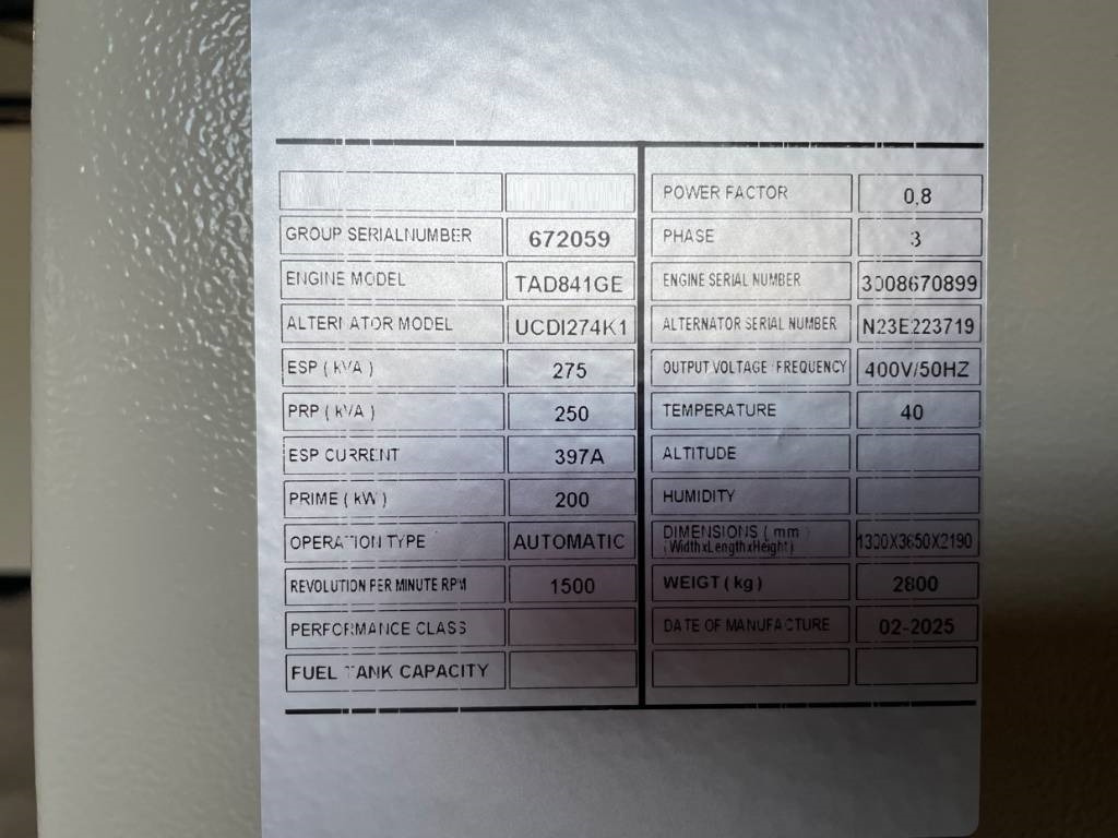 חָדָשׁ ערכת גנרטורים Volvo TAD841GE - 275 kVA Generator - DPX-18876: תמונה 6