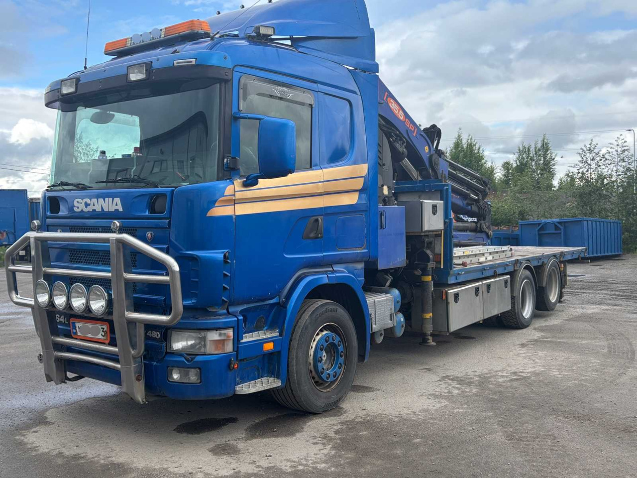 Truck Scania R 164 460 + crane PM 35.5 SP - משאית צד נופל/ שטוחה, משאית מנוף: תמונה 1 Truck Scania R 164 460 + crane PM 35.5 SP - משאית צד נופל/ שטוחה, משאית מנוף: תמונה 1
