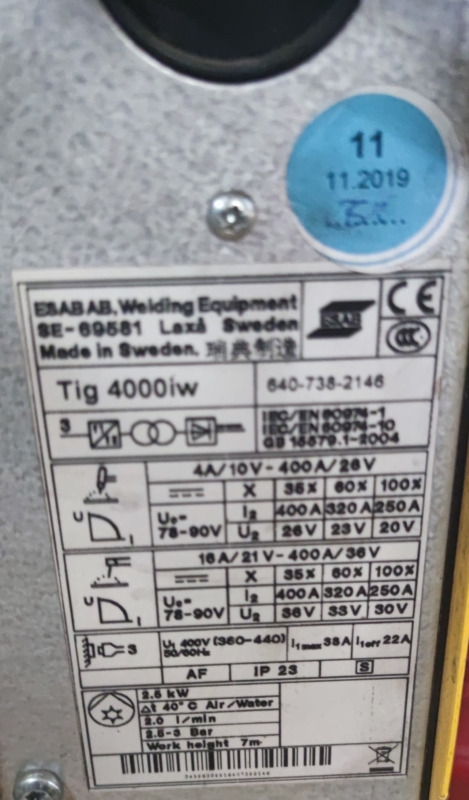 ESAB AB Tig 4000 iw - ציוד ריתוך: תמונה 4 ESAB AB Tig 4000 iw - ציוד ריתוך: תמונה 4