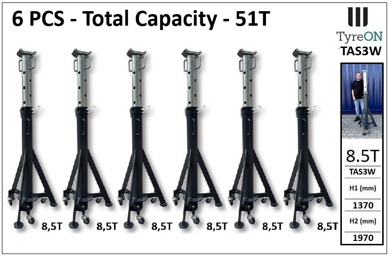 6 pcs TAS3W 8.5T tall axle stands / heavy duty axle stands 1370-1970 mm - Total capacity 51 tons - ציוד לסדנאות: תמונה 1 6 pcs TAS3W 8.5T tall axle stands / heavy duty axle stands 1370-1970 mm - Total capacity 51 tons - ציוד לסדנאות: תמונה 1