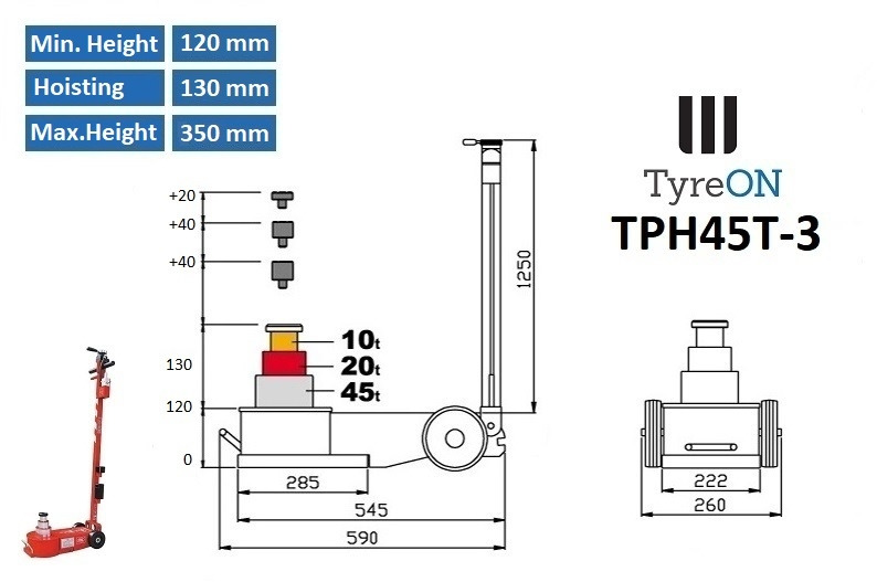 TPH45T-3 Air hydraulic jack 45 Tons - Minimum height 12 cm - portable (40 kg) - ציוד לסדנאות: תמונה 4 TPH45T-3 Air hydraulic jack 45 Tons - Minimum height 12 cm - portable (40 kg) - ציוד לסדנאות: תמונה 4