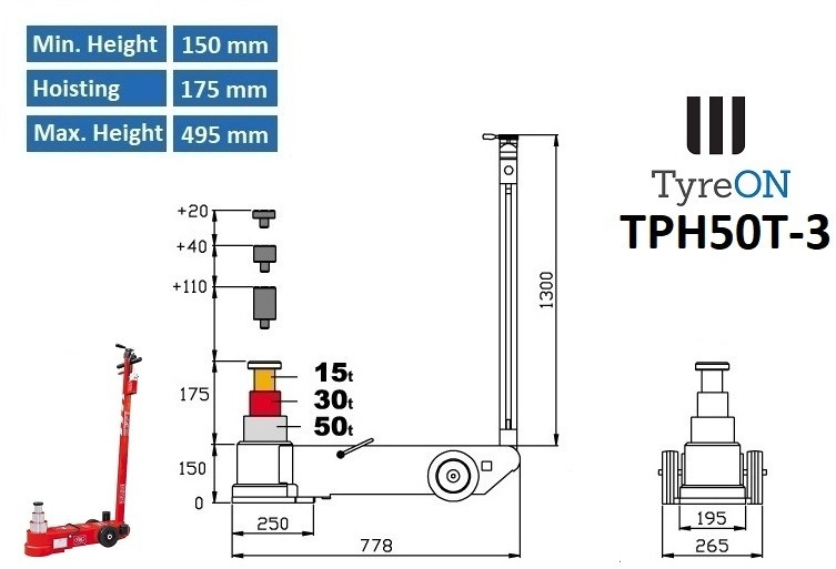 TPH50T-3 Air hydraulic jack 50 Tons - Minimum height 15 cm - ציוד לסדנאות: תמונה 3 TPH50T-3 Air hydraulic jack 50 Tons - Minimum height 15 cm - ציוד לסדנאות: תמונה 3