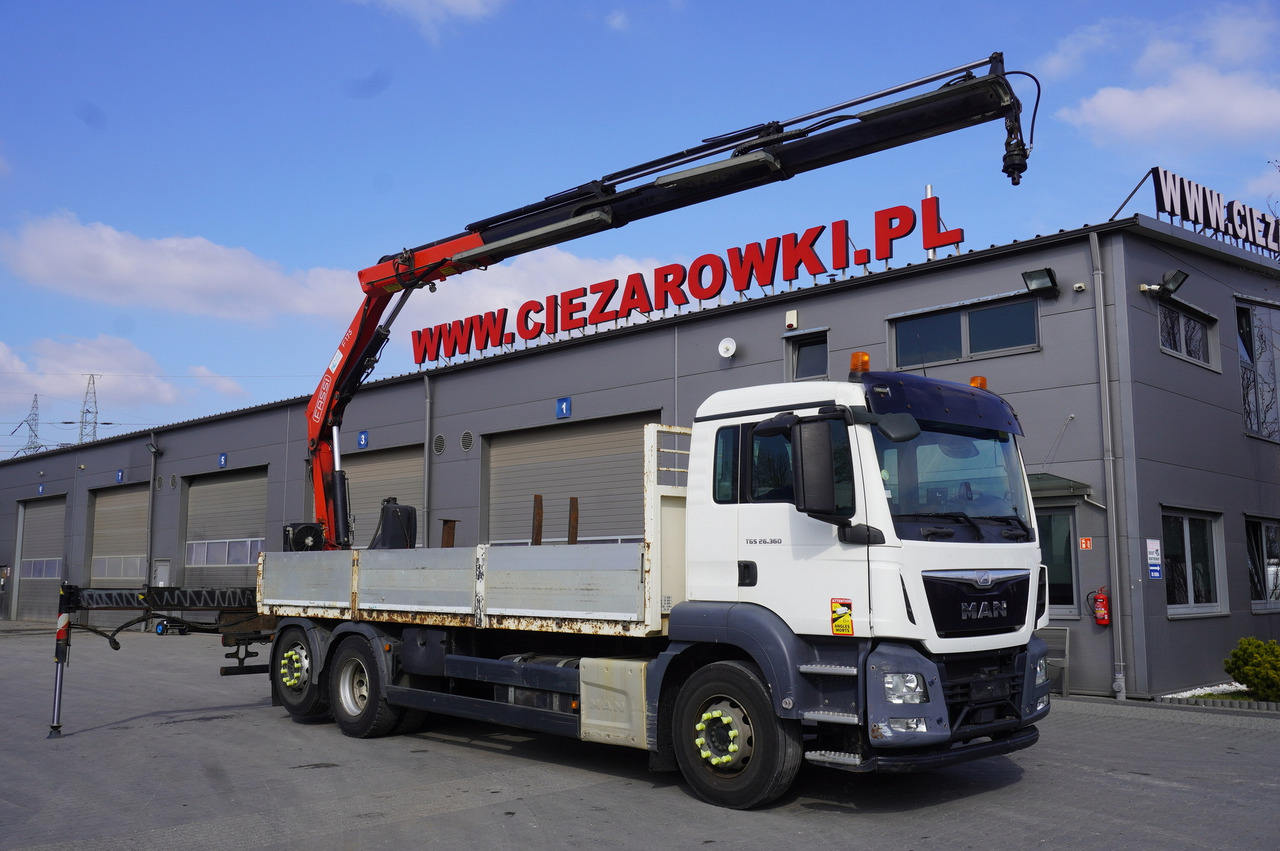 MAN TGS 26.360 Flatbed / Fassi F175 7.7 T / steered 3rd axle - משאית צד נופל/ שטוחה, משאית מנוף: תמונה 1 MAN TGS 26.360 Flatbed / Fassi F175 7.7 T / steered 3rd axle - משאית צד נופל/ שטוחה, משאית מנוף: תמונה 1