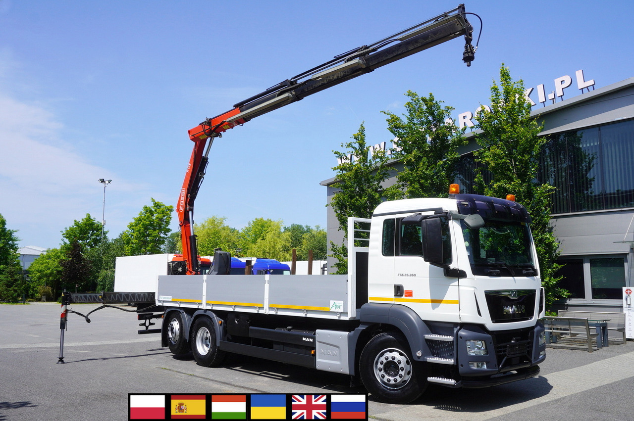 MAN TGS 26.360 Flatbed / Fassi F175 7.7 T / steered 3rd axle - משאית צד נופל/ שטוחה, משאית מנוף: תמונה 1 MAN TGS 26.360 Flatbed / Fassi F175 7.7 T / steered 3rd axle - משאית צד נופל/ שטוחה, משאית מנוף: תמונה 1