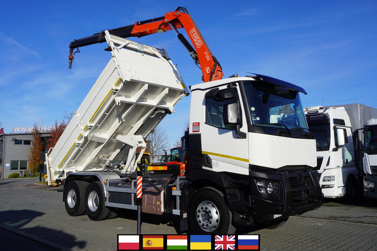 RENAULT C380 E6 6×4 / HDS Fassi F135 2700 MTH / Range 8 m / 5.6 t lifting capacity / 3-side tipper / Bortmatic - מזהיר, משאית מנוף: תמונה 1 RENAULT C380 E6 6×4 / HDS Fassi F135 2700 MTH / Range 8 m / 5.6 t lifting capacity / 3-side tipper / Bortmatic - מזהיר, משאית מנוף: תמונה 1