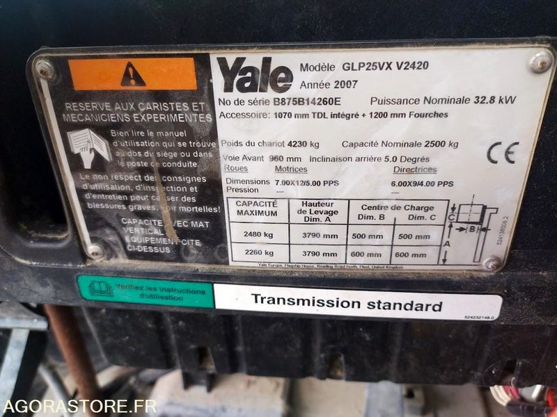 Chariot Élévateur YALE GLP25VX (2007) - Pour Pièces ou Réparation - מלגזת LPG: תמונה 2 Chariot Élévateur YALE GLP25VX (2007) - Pour Pièces ou Réparation - מלגזת LPG: תמונה 2