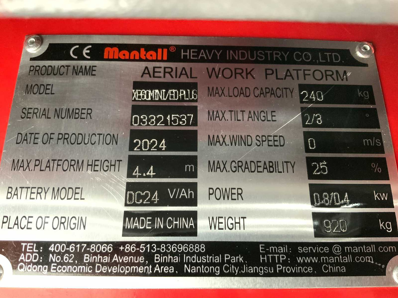פלטפורמה אווירית Mantall XE-60 MINI: תמונה 11