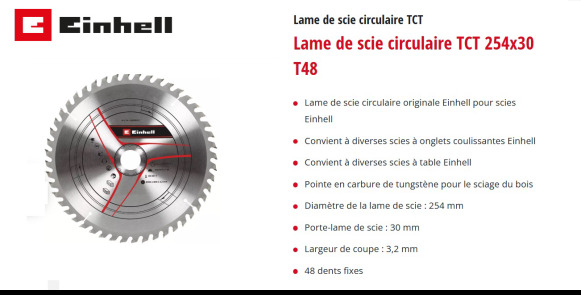 Lame de scie Widia pour bois EINHELL TCT circ saw blade 254x30 T48 - ציוד בנייה: תמונה 3 Lame de scie Widia pour bois EINHELL TCT circ saw blade 254x30 T48 - ציוד בנייה: תמונה 3