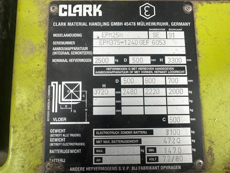 Clark EPM25N 2.5 ton Duplex Sideshift Elektra Heftruck - מלגזה חשמלית: תמונה 4 Clark EPM25N 2.5 ton Duplex Sideshift Elektra Heftruck - מלגזה חשמלית: תמונה 4