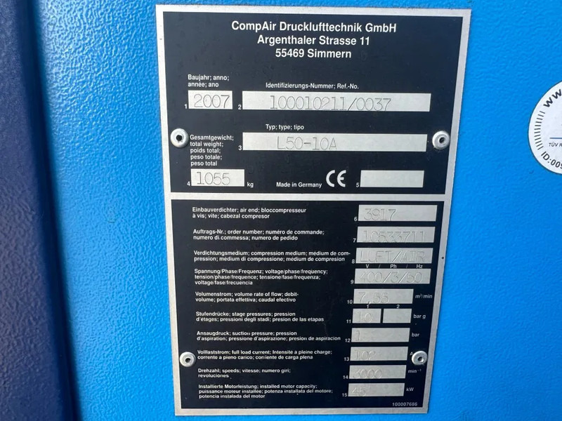 Compair L50 - 10A 45 kW 7.55 m3 / min 10 Bar Elektrische Schroefcompressor - מדחס אוויר: תמונה 2 Compair L50 - 10A 45 kW 7.55 m3 / min 10 Bar Elektrische Schroefcompressor - מדחס אוויר: תמונה 2