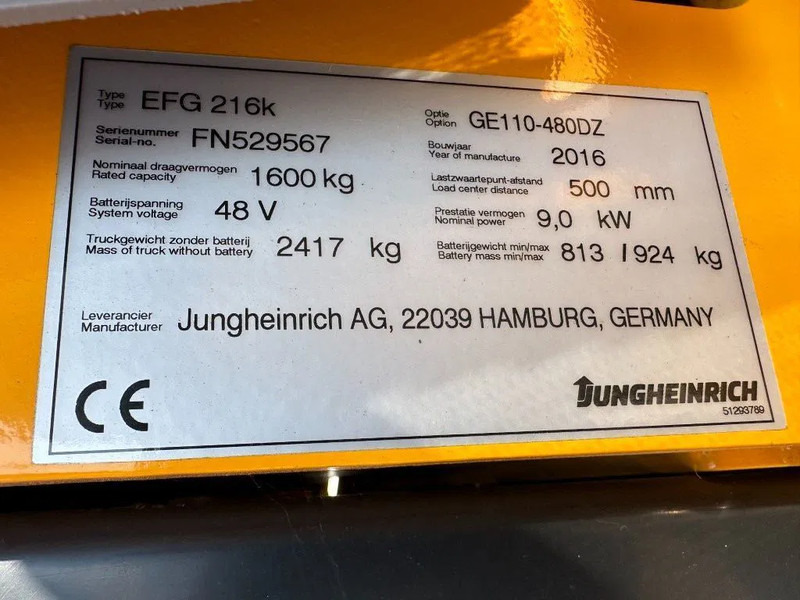 Jungheinrich EFG 216K 1.6 ton Triplex Freelift Sideshift Elektra Heftruck Accu 2020 - מלגזה חשמלית: תמונה 4 Jungheinrich EFG 216K 1.6 ton Triplex Freelift Sideshift Elektra Heftruck Accu 2020 - מלגזה חשמלית: תמונה 4