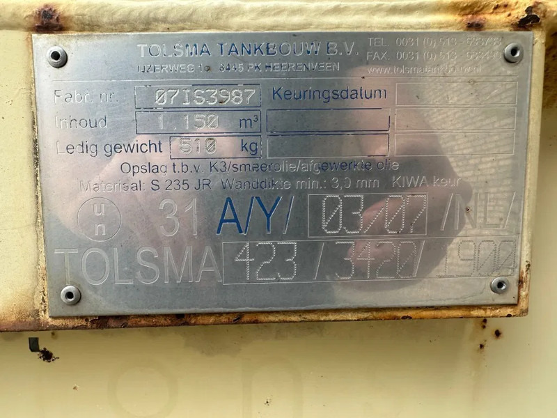 Tolsma Kiwa IBC 1150 liter Dieseltank Milieutank - מכולת משלוח: תמונה 3 Tolsma Kiwa IBC 1150 liter Dieseltank Milieutank - מכולת משלוח: תמונה 3