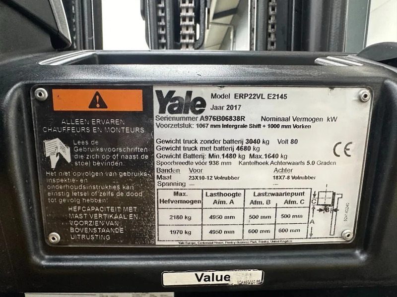 Yale ERP22VL 2.2 ton Triplex Freelift Sideshift Elektra Heftruck Accu 2022 - מלגזה חשמלית: תמונה 5 Yale ERP22VL 2.2 ton Triplex Freelift Sideshift Elektra Heftruck Accu 2022 - מלגזה חשמלית: תמונה 5