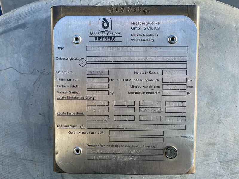 Dieseltank Rietberg 1000 liter Dieseltank Gegalvaniseerd IBC met keuring ! - מכל אחסון: תמונה 3 Dieseltank Rietberg 1000 liter Dieseltank Gegalvaniseerd IBC met keuring ! - מכל אחסון: תמונה 3